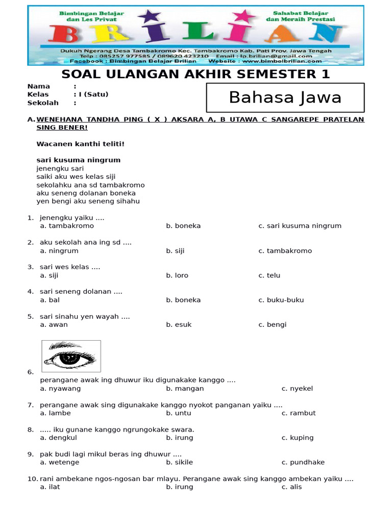 contoh soal uts bahasa jawa kelas 1 semester 2