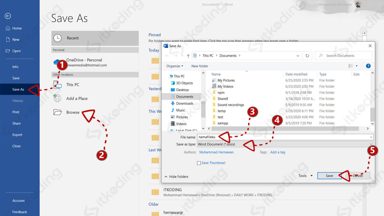 jelaskan cara menyimpan dokumen pada ms word