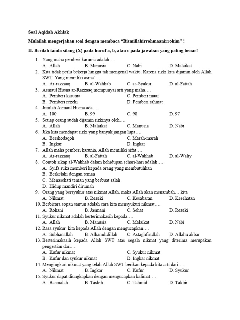 soal akidah akhlak kelas 3 semester 2