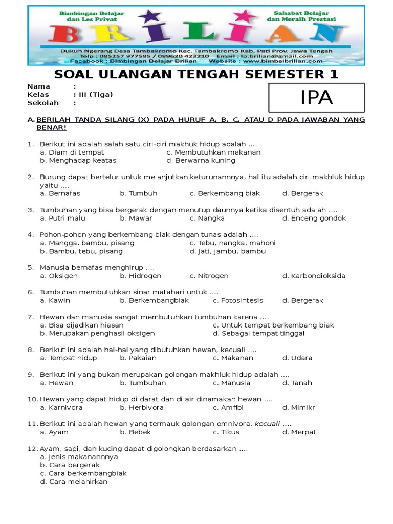 Soal UTS IPA Kelas 3 Semester 1 PDF Soal UTS IPA Kelas 3 Semester 1 PDF
