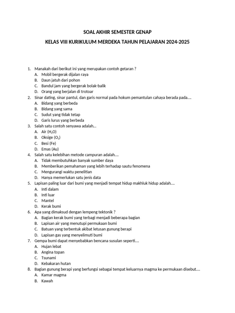 soal ipa kelas 8 semester 2 dan kunci jawaban essay