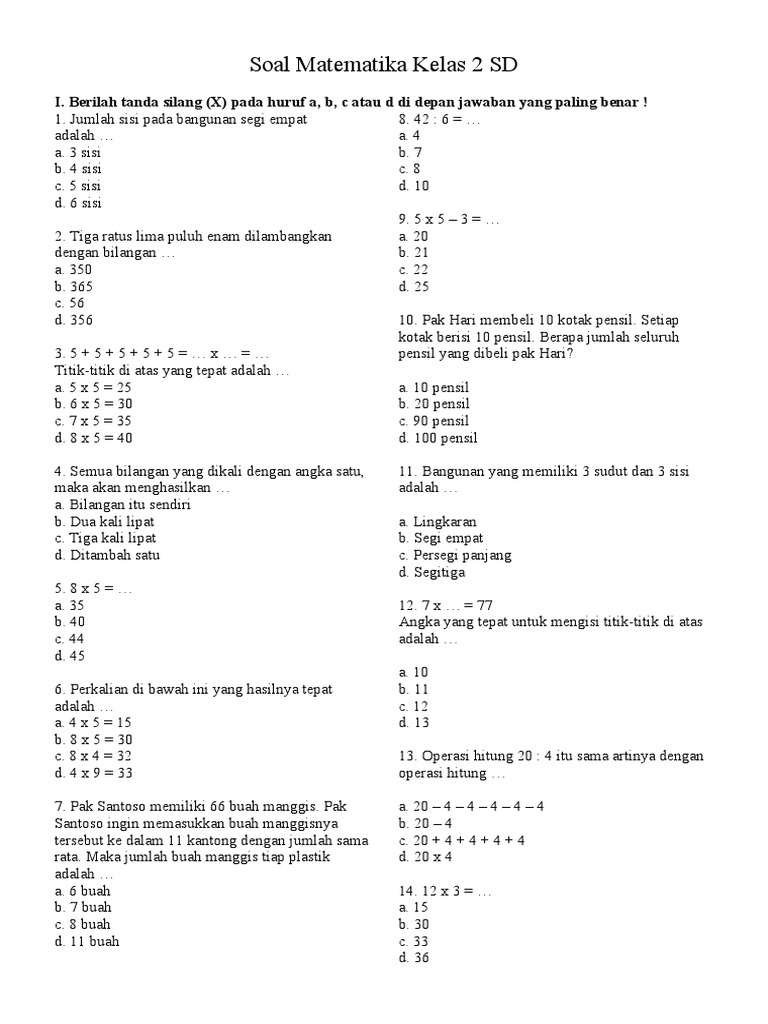 soal matematika kelas 2 sd semester 1 pdf