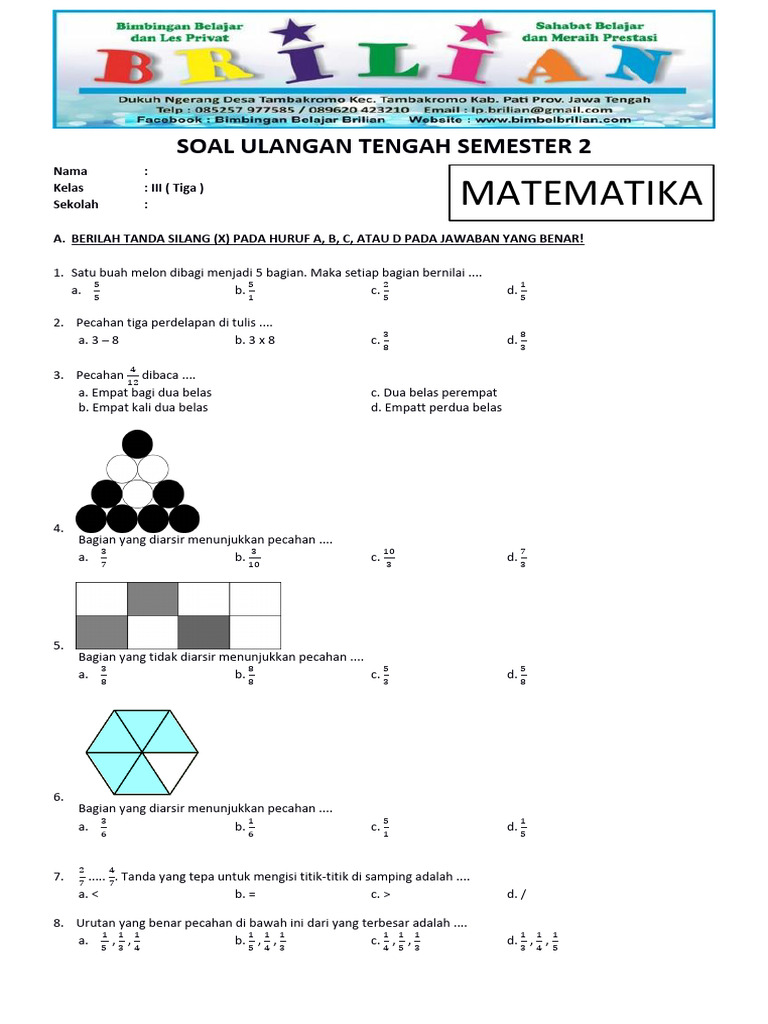 Soal UTS Matematika Kelas 3 Semester 2 PDF Soal UTS Matematika Kelas 3 Semester 2 PDF