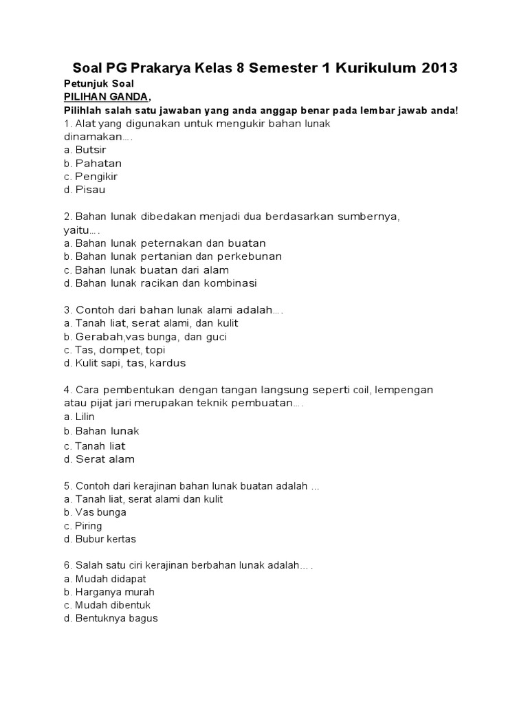 Soal PG Prakarya Kelas 8 Semester 1 PDF Seni Soal PG Prakarya Kelas 8 Semester 1 PDF Seni