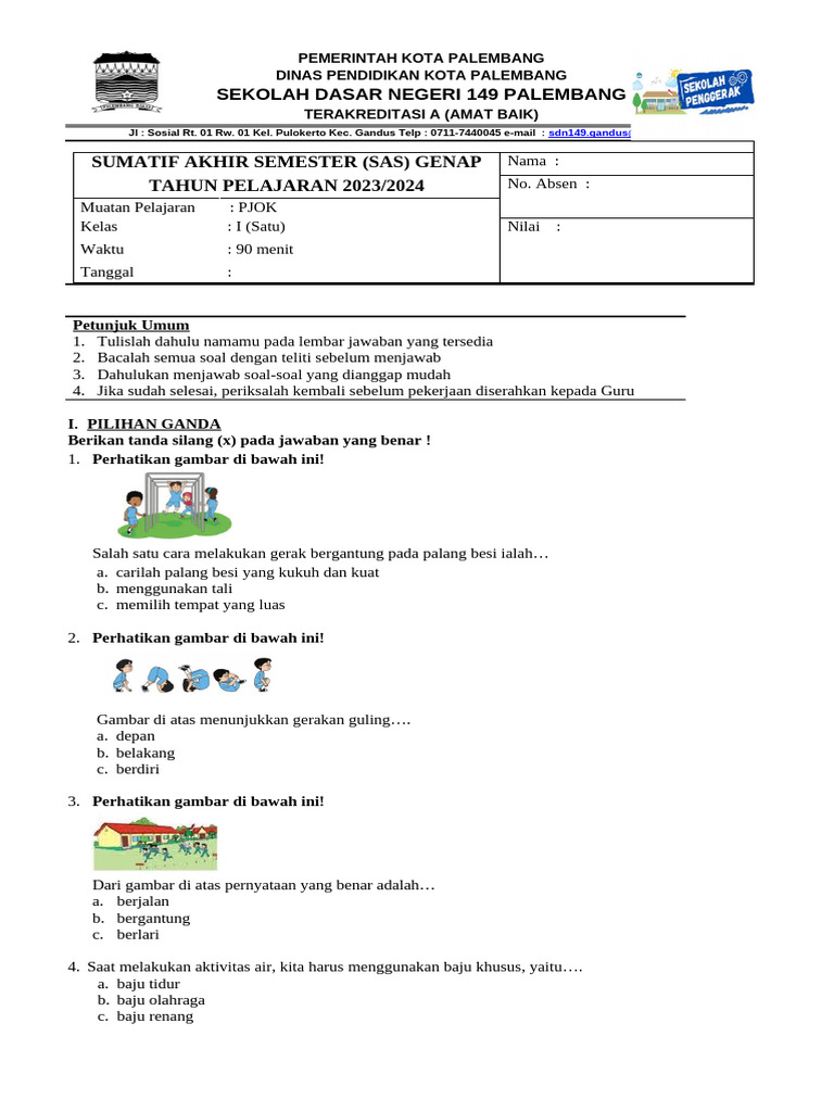 Soal Pjok Kelas 1 Semester 2 23-24 PDF