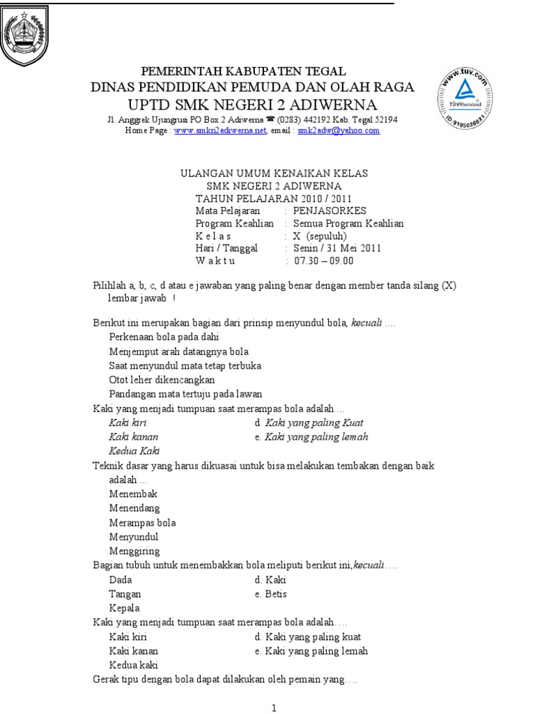 Soal PTS PJOK Kelas 10 Semester 1 PDF Soal PTS PJOK Kelas 10 Semester 1 PDF