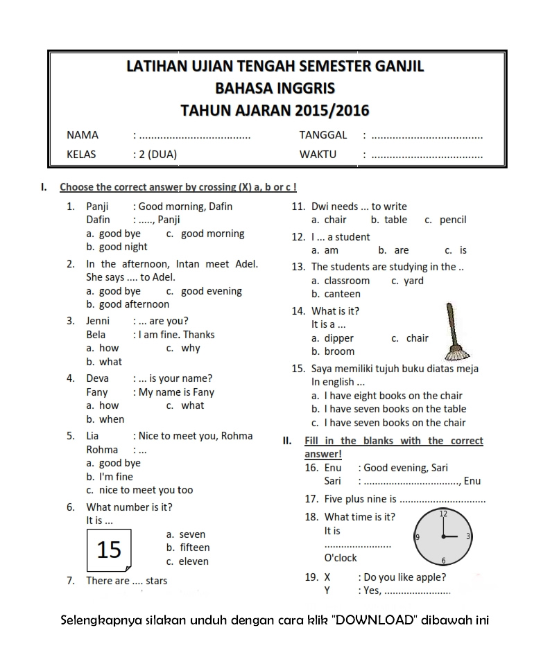 soal uts bahasa inggris kelas 3 semester 2 kurikulum 2013
