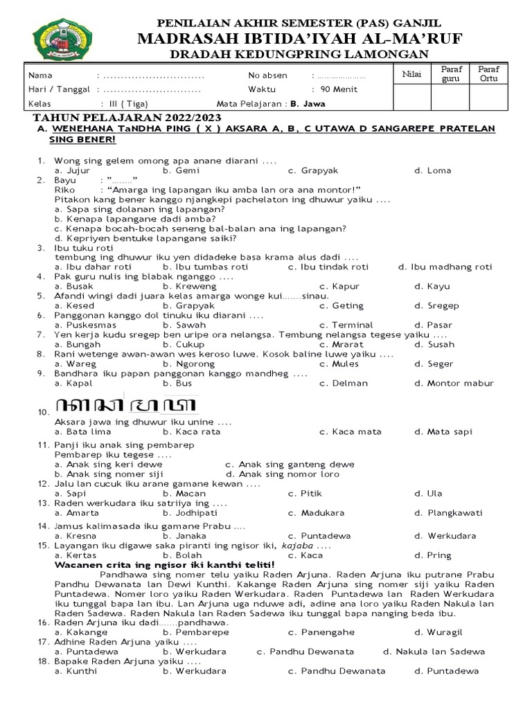 soal uts bahasa jawa kelas 3 semester 1