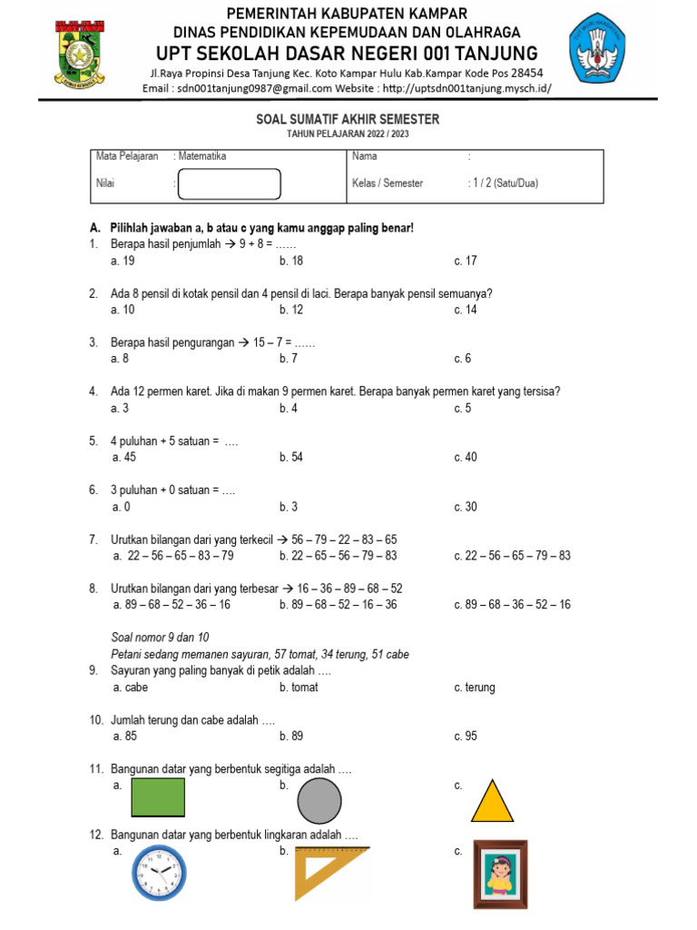 7 Contoh Soal Matematika Kelas 1 SD MI Semester 2 yang Wajib Diketahui Sebelum Ujian