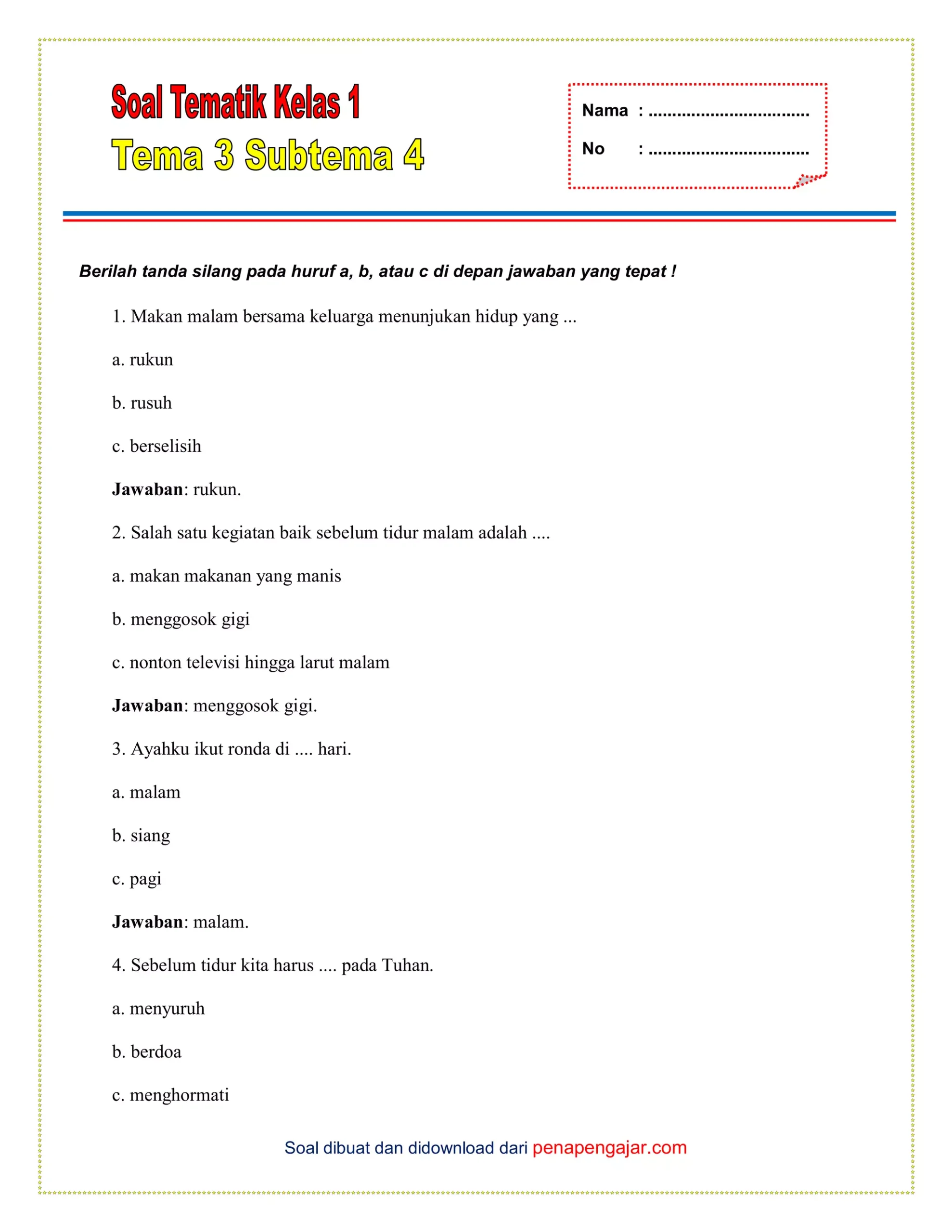 Rahasia Cepat Jawab Soal Tematik Kelas 1 Tema 4 Sub 3 Agar Nilai Siswa Melonjak Drastis