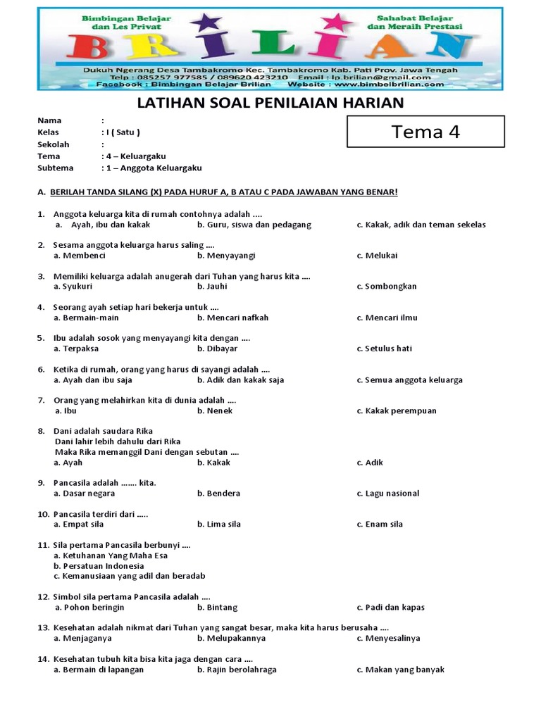Rahasia Skor Sempurna Soal Tematik Kelas 1 Tema 4 Subtema 4 Bimbel Brilian Terbukti Ampuh