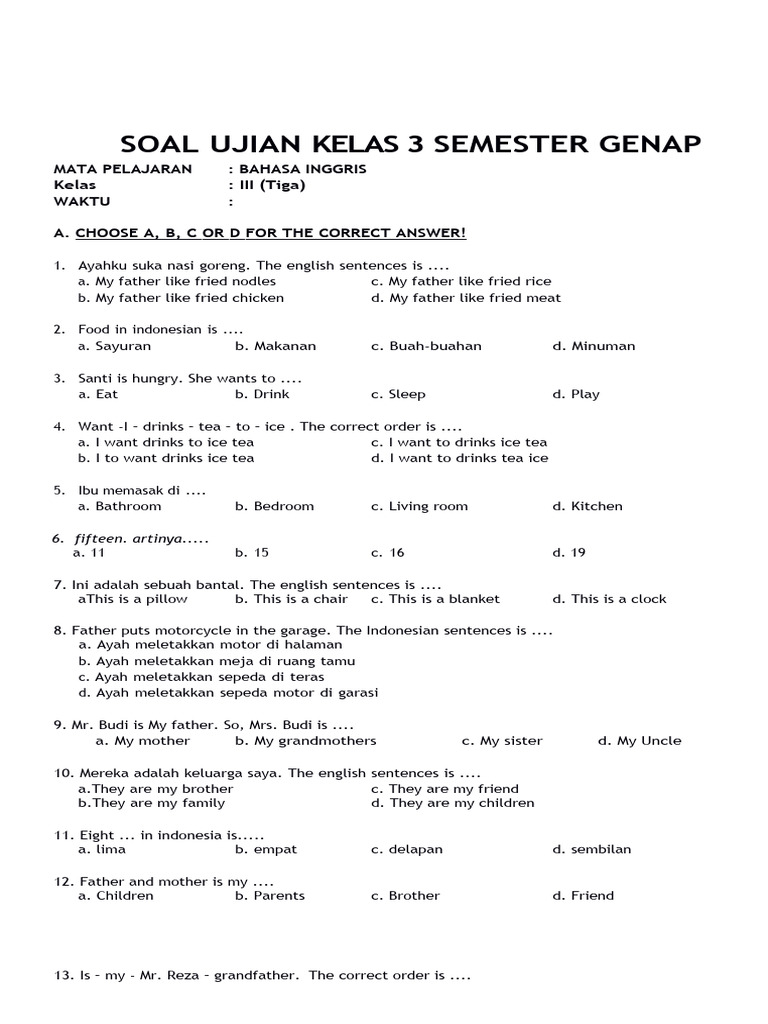 Wajib Tahu Bocoran soal UAS Kelas 3 SD Semester 2 Bahasa Inggris Agar Nilai Maksimal