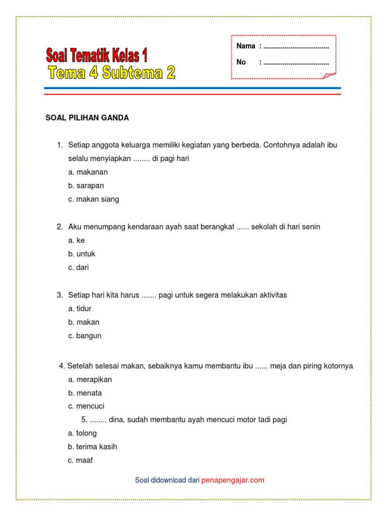 Wajib Tahu Kunci Jawaban Soal Tematik Kelas 1 Tema 4 Subtema 3 Revisi 2018 Terbaru